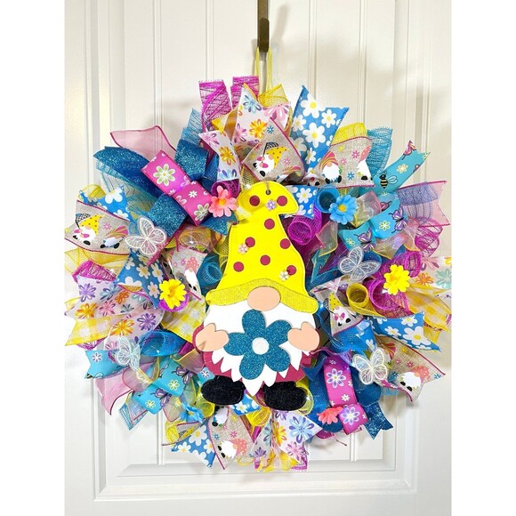 Handmade Spring/ Summer Daisy Butterfly Gnome Prelit Ribbon Wreath 22 in LED W2 - Picture 8 of 10